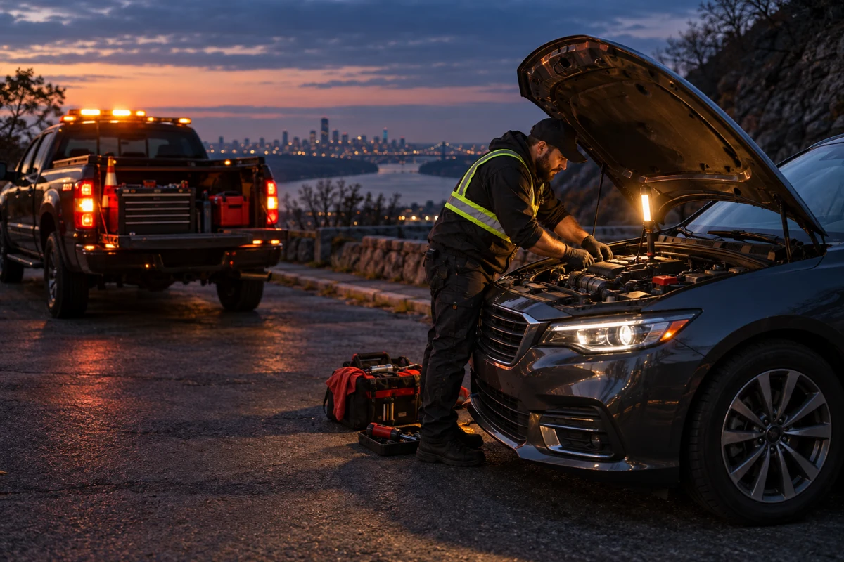 Mecánico trabajando en un vehículo junto a una camioneta de servicio al atardecer